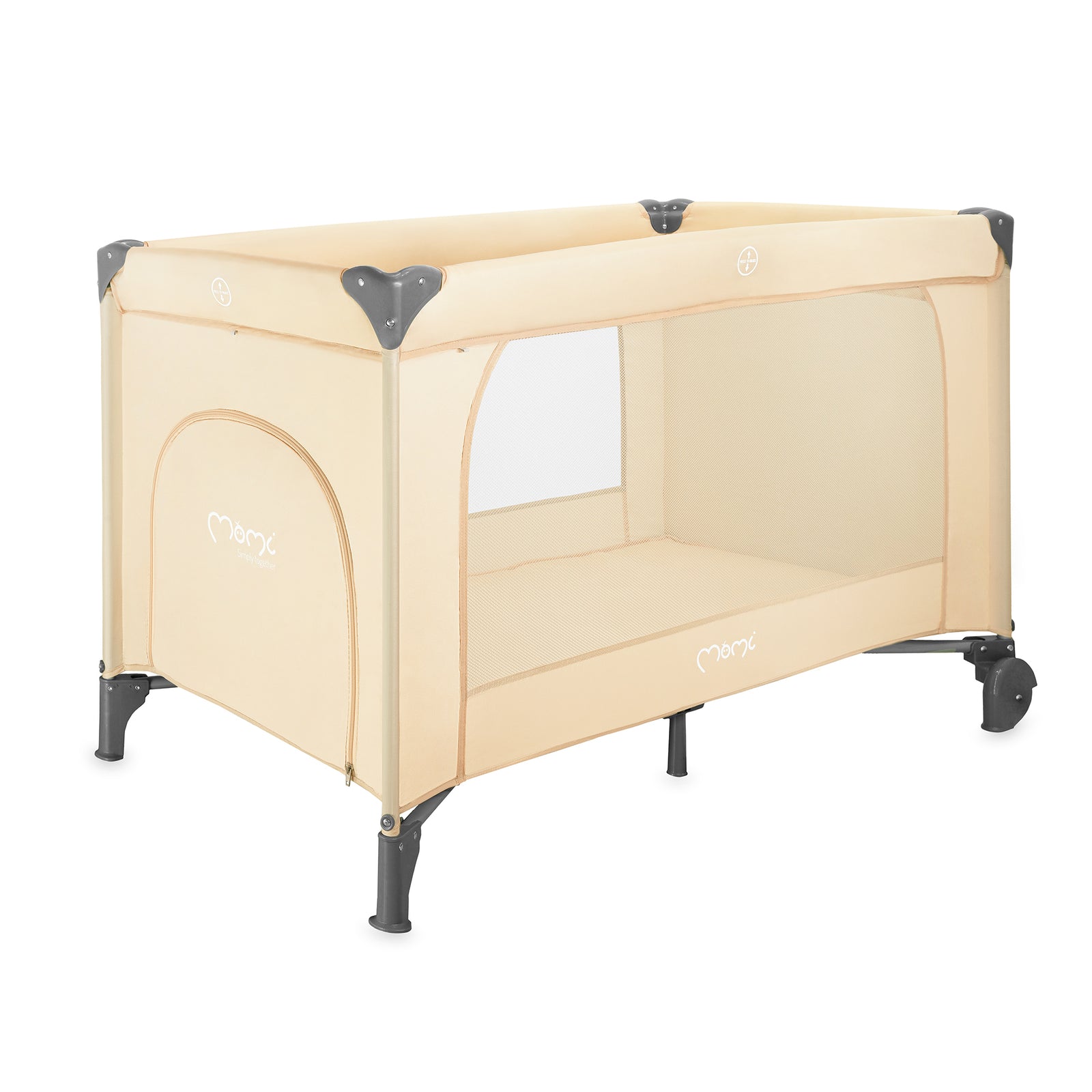 Beige baby playpen with wheels on a white background