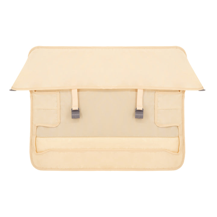Beige bag with flap closure on a white background