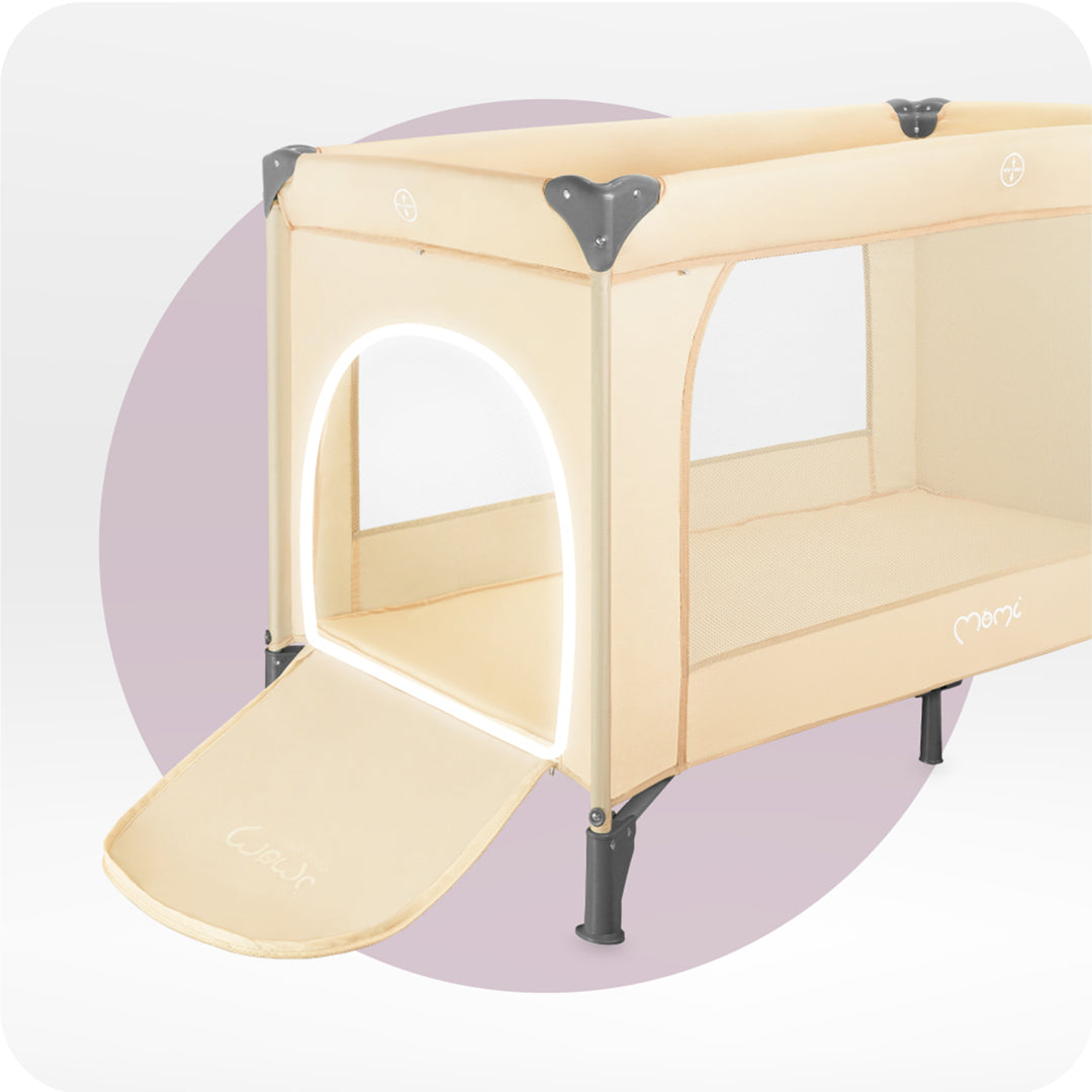 Beige baby playpen with a slide on a light purple background
