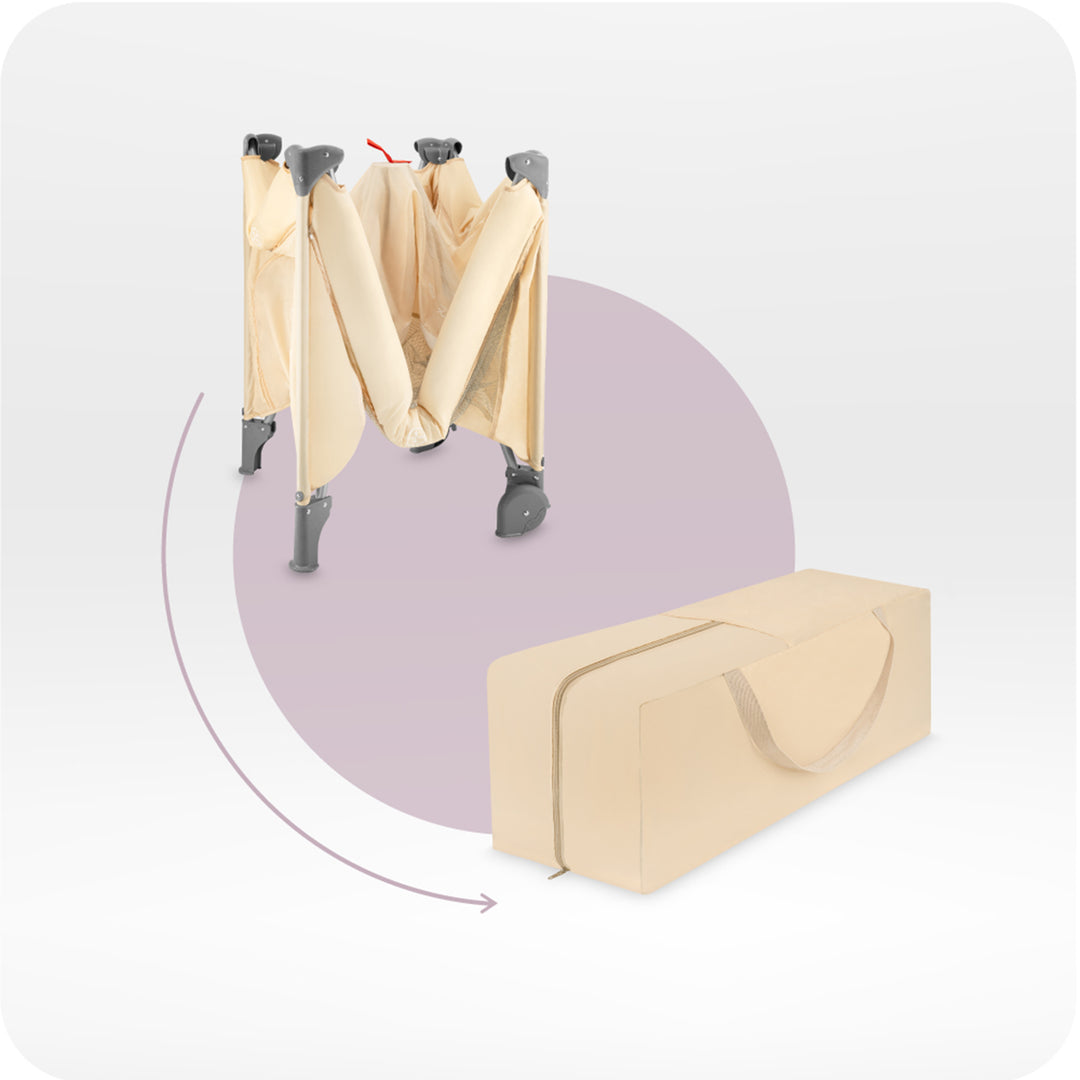 Beige folding chair with carrying bag on a white background