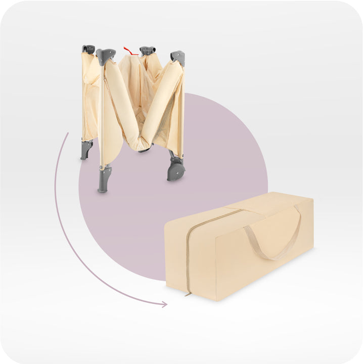 Beige folding chair with carrying bag on a white background