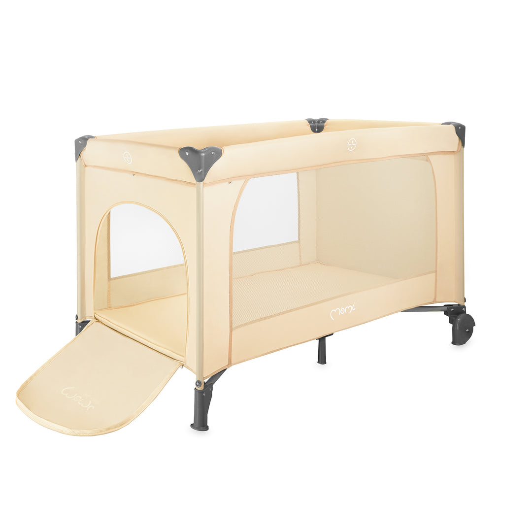 Beige baby playpen with a slide on a white background
