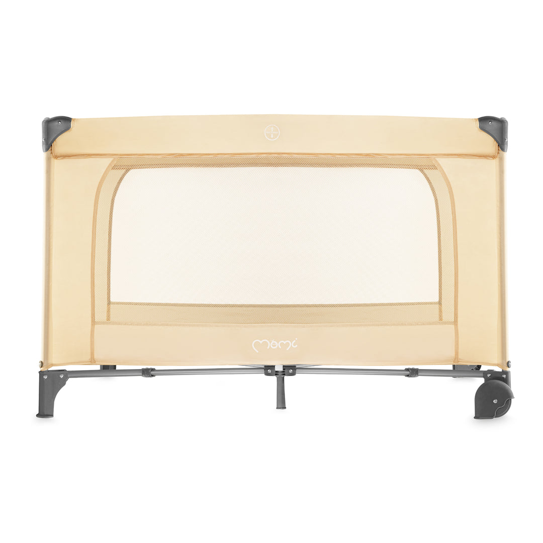 Beige baby playpen with wheels on a white background