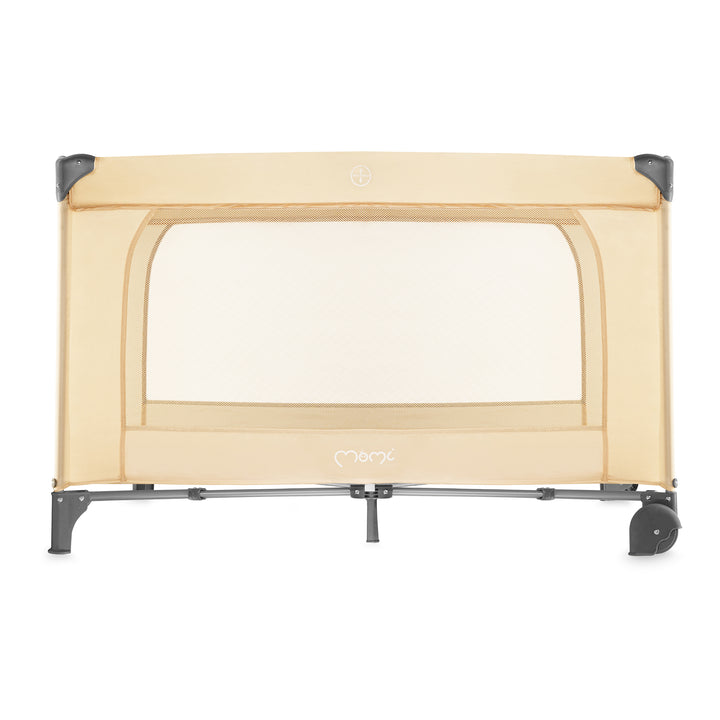 Beige baby playpen with wheels on a white background