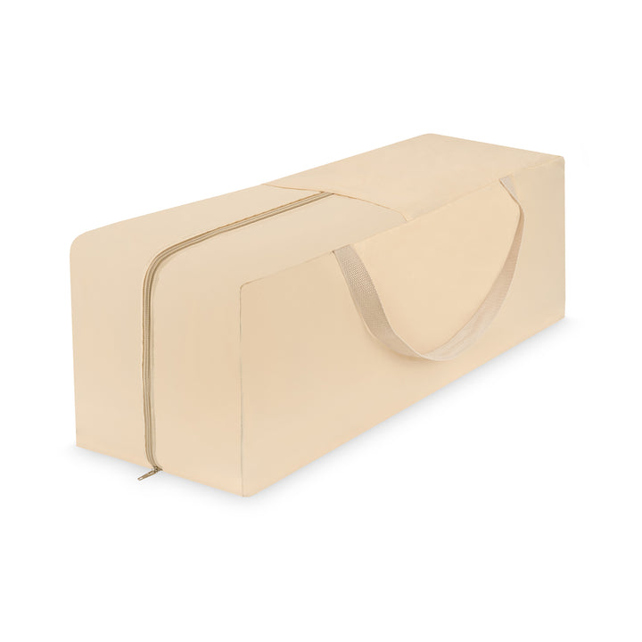 Beige rectangular storage bag with a zipper on a white background