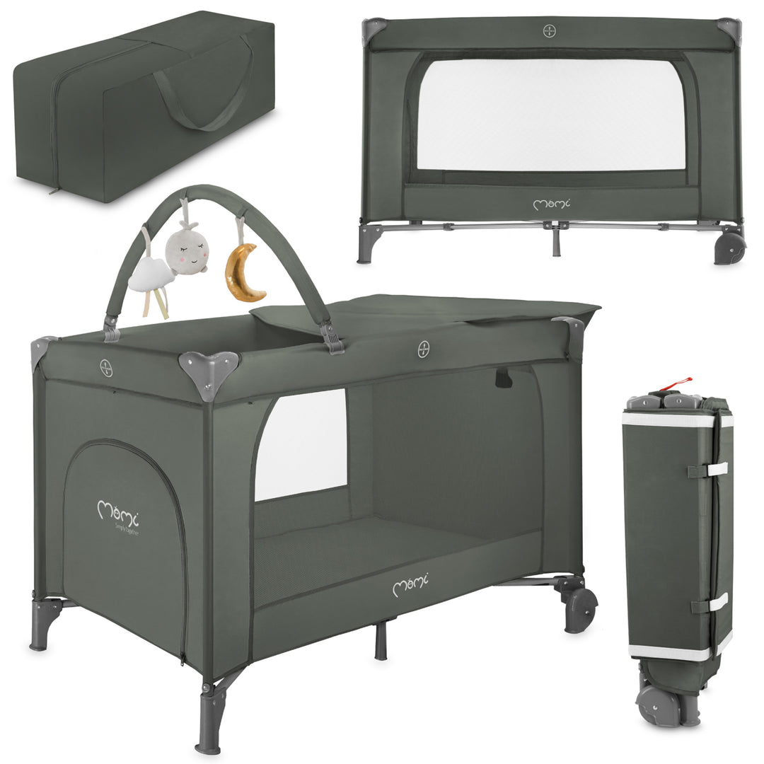 Collection of green baby furniture and accessories including a crib, playpen, and storage bag on a white background.