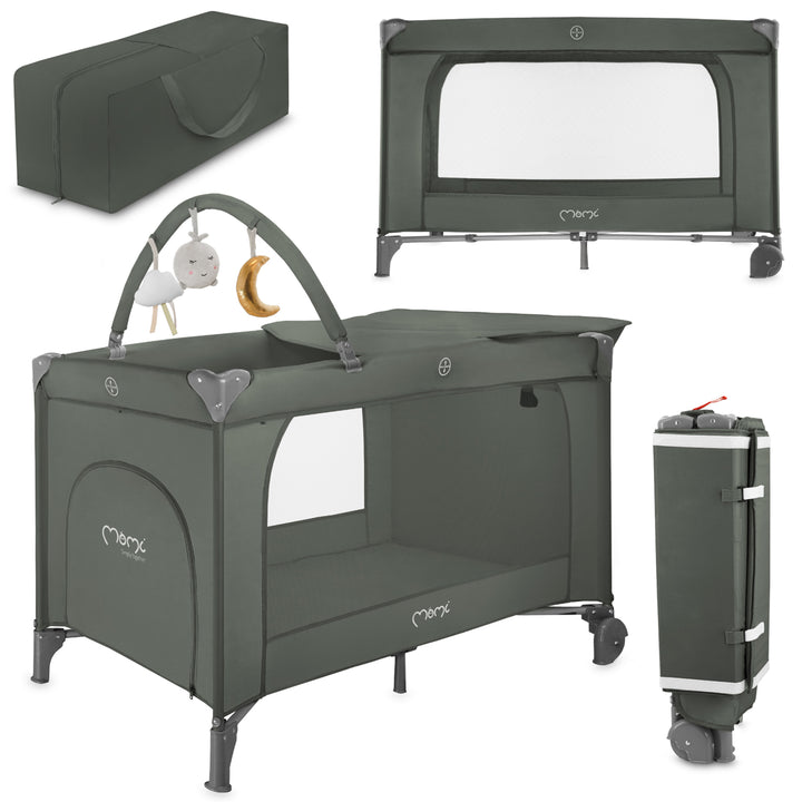 Collection of green baby furniture and accessories including a crib, playpen, and storage bag on a white background.