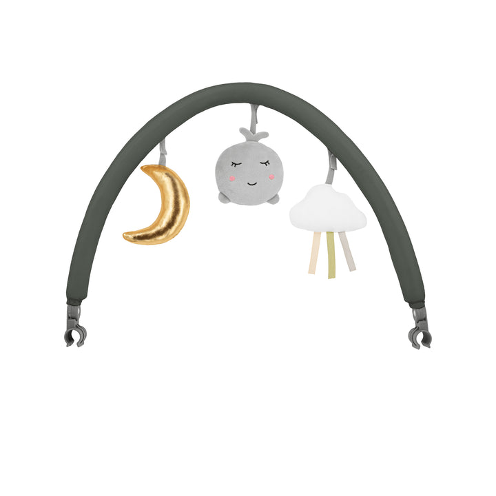 Children's mobile with cloud, moon, and star design on a white background
