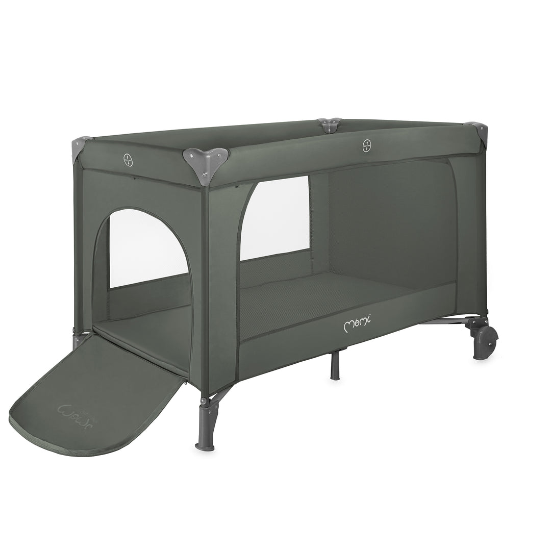 Green travel crib with a folded-out side panel on a white background