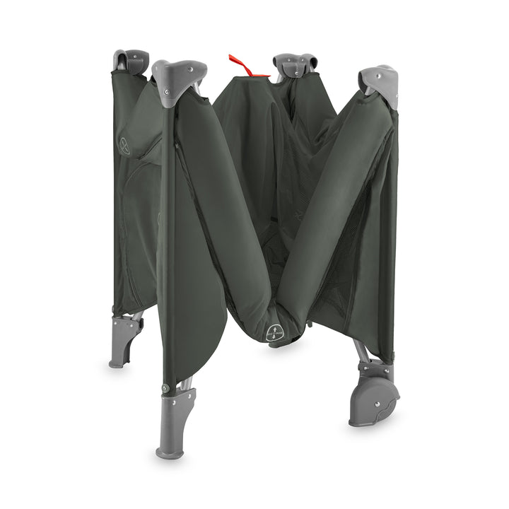 Foldable chair with black cover and gray legs on a white background