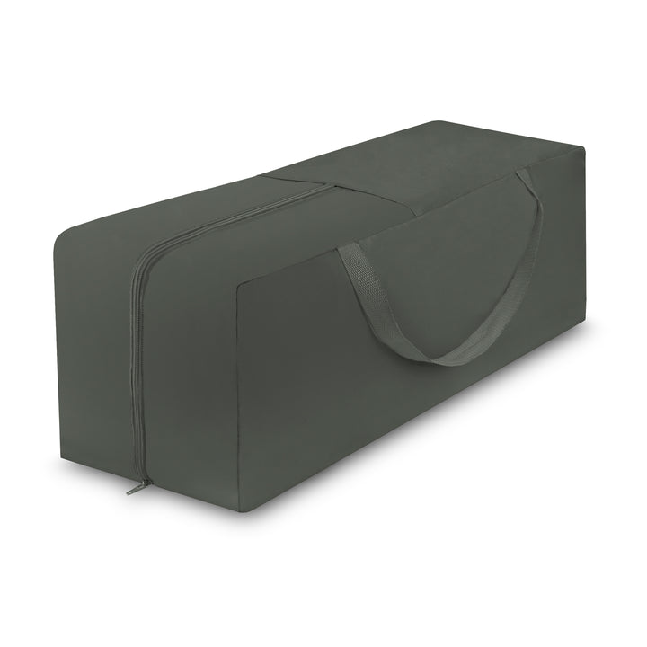 Dark gray rectangular cushioned ottoman with a handle on a white background