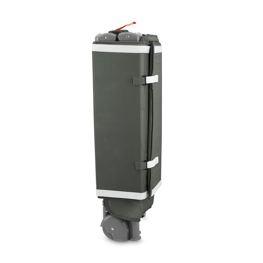 Black and gray suitcase with wheels on a white background