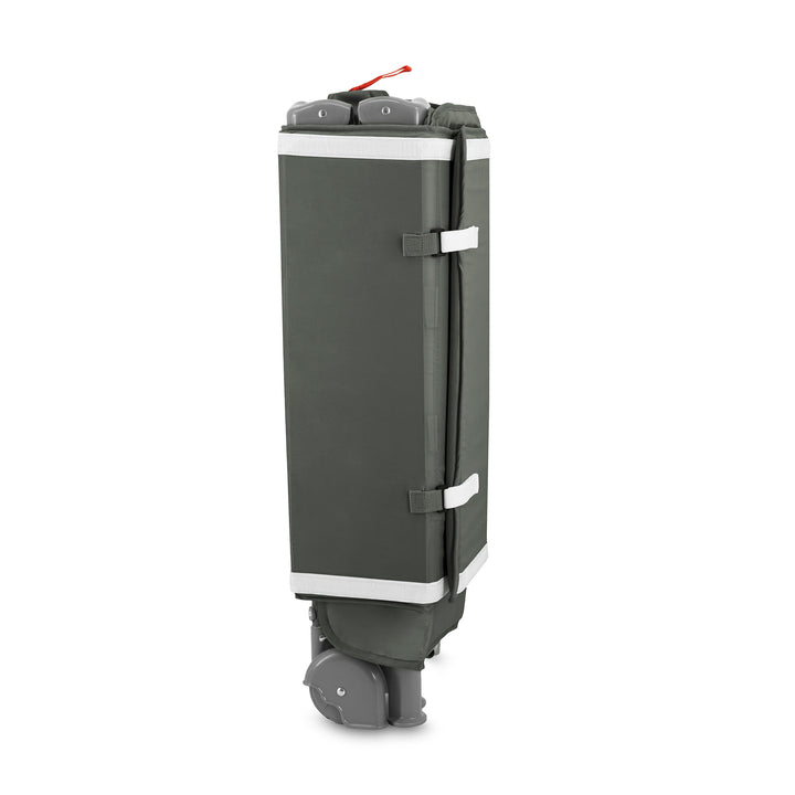 Black and gray suitcase with wheels on a white background
