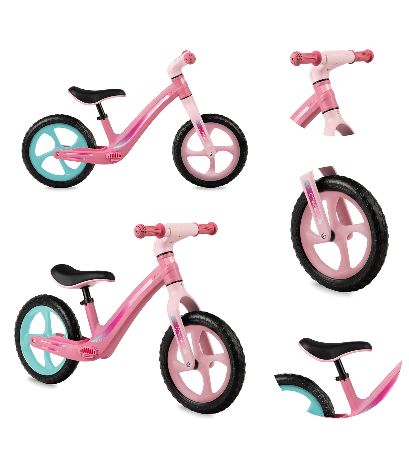 A pink MoMi MIZO Balance Bike with large wheels, shown from multiple angles, highlighting its features and design.