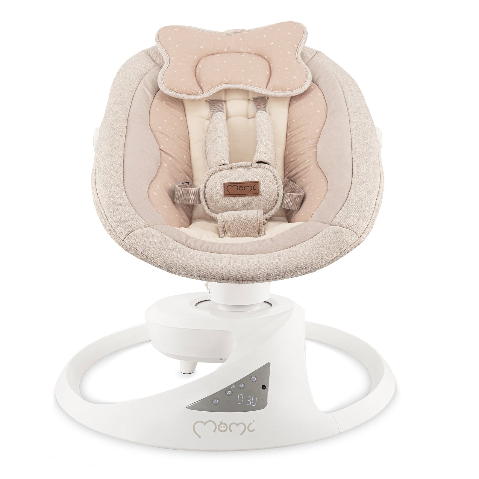 Baby swing with beige cushion and white base on a white background