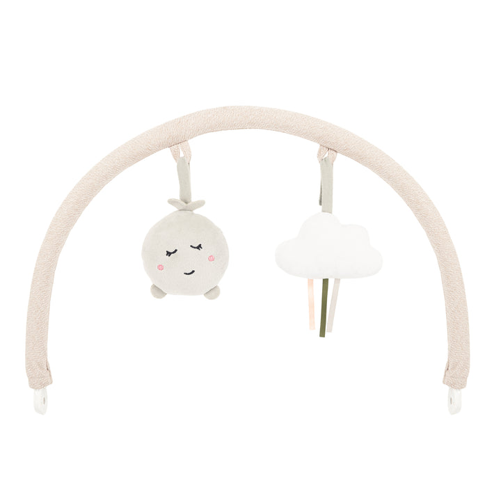 Baby mobile with cloud and round face design on a white background