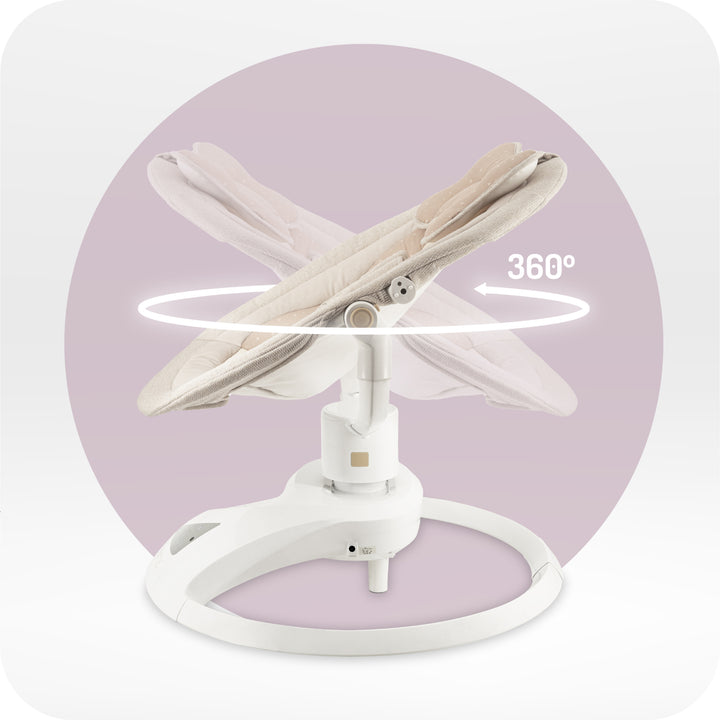 White baby chair with beige cushion on a light purple background