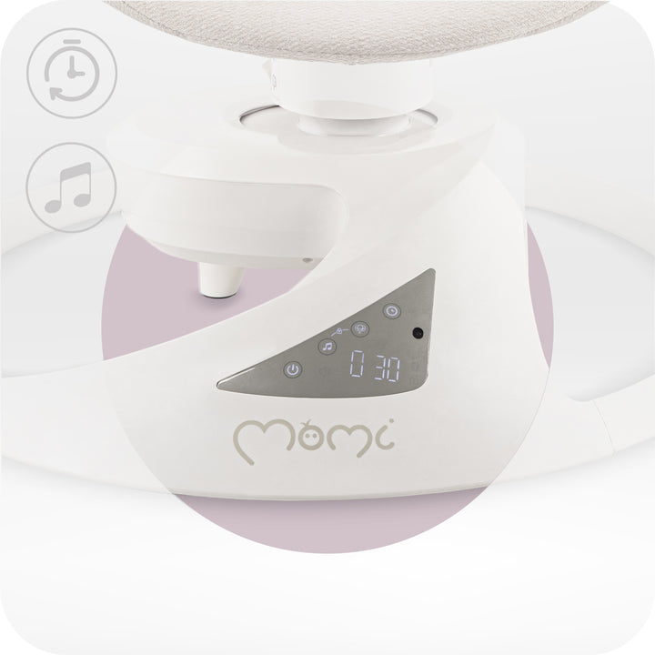 White and gray electronic device with digital display and 'momi' branding on a white background
