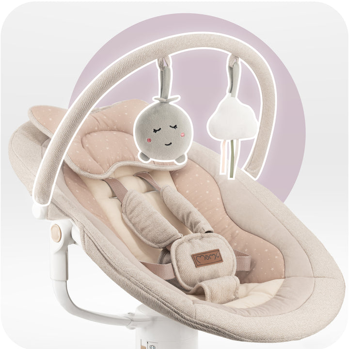 Baby bouncer with plush toy and smiling face design on a light background