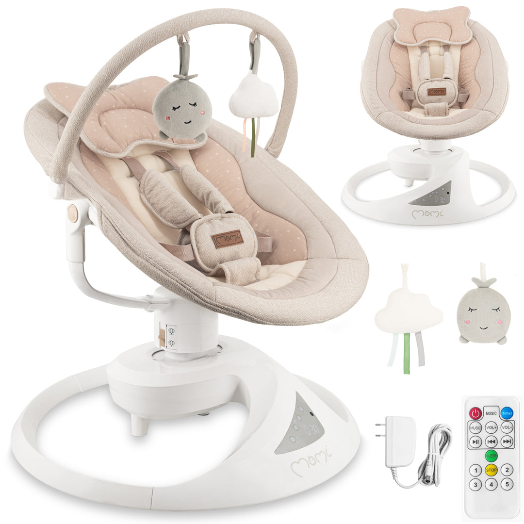 Baby swing with remote control and accessories on a white background