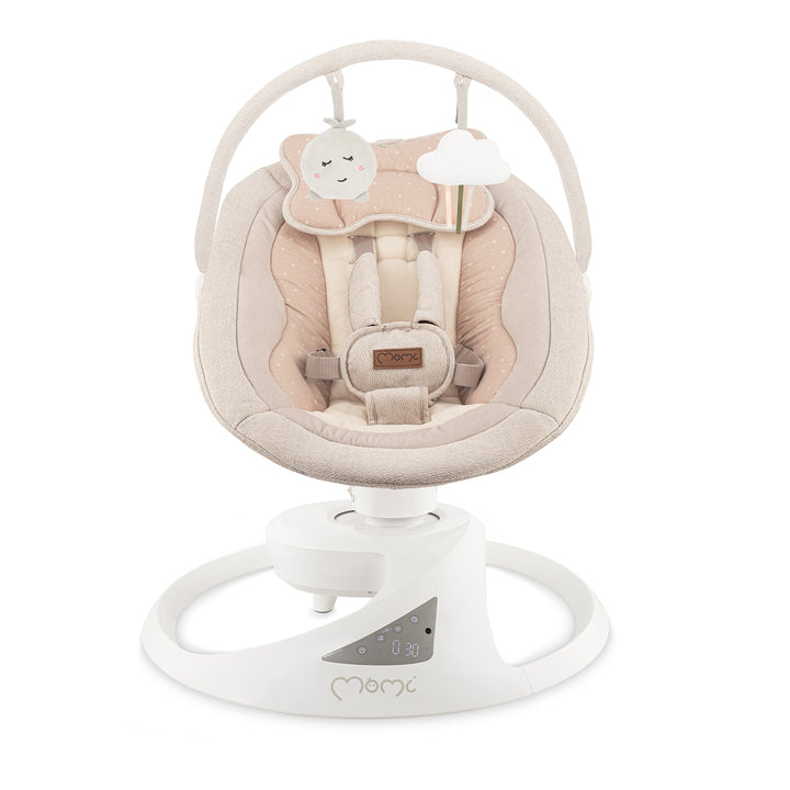 Baby swing with soft pink cushion and cloud design on a white background