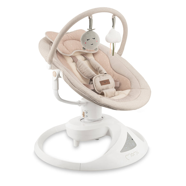 Baby swing with plush seat and hanging toy on a white background