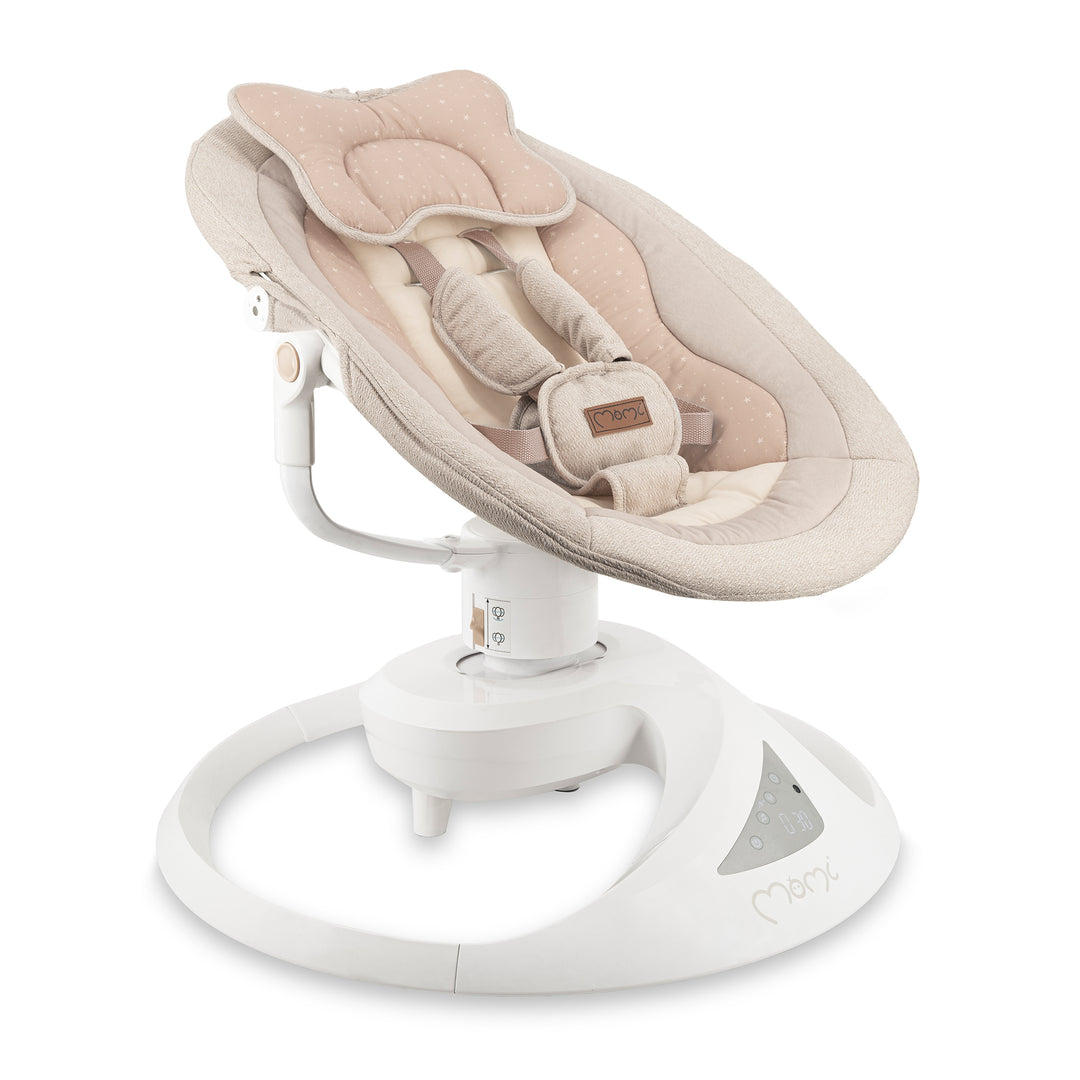 Baby bouncer with beige cushion on a white background