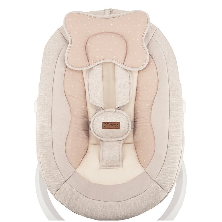Baby swing with pink and beige design on a white background
