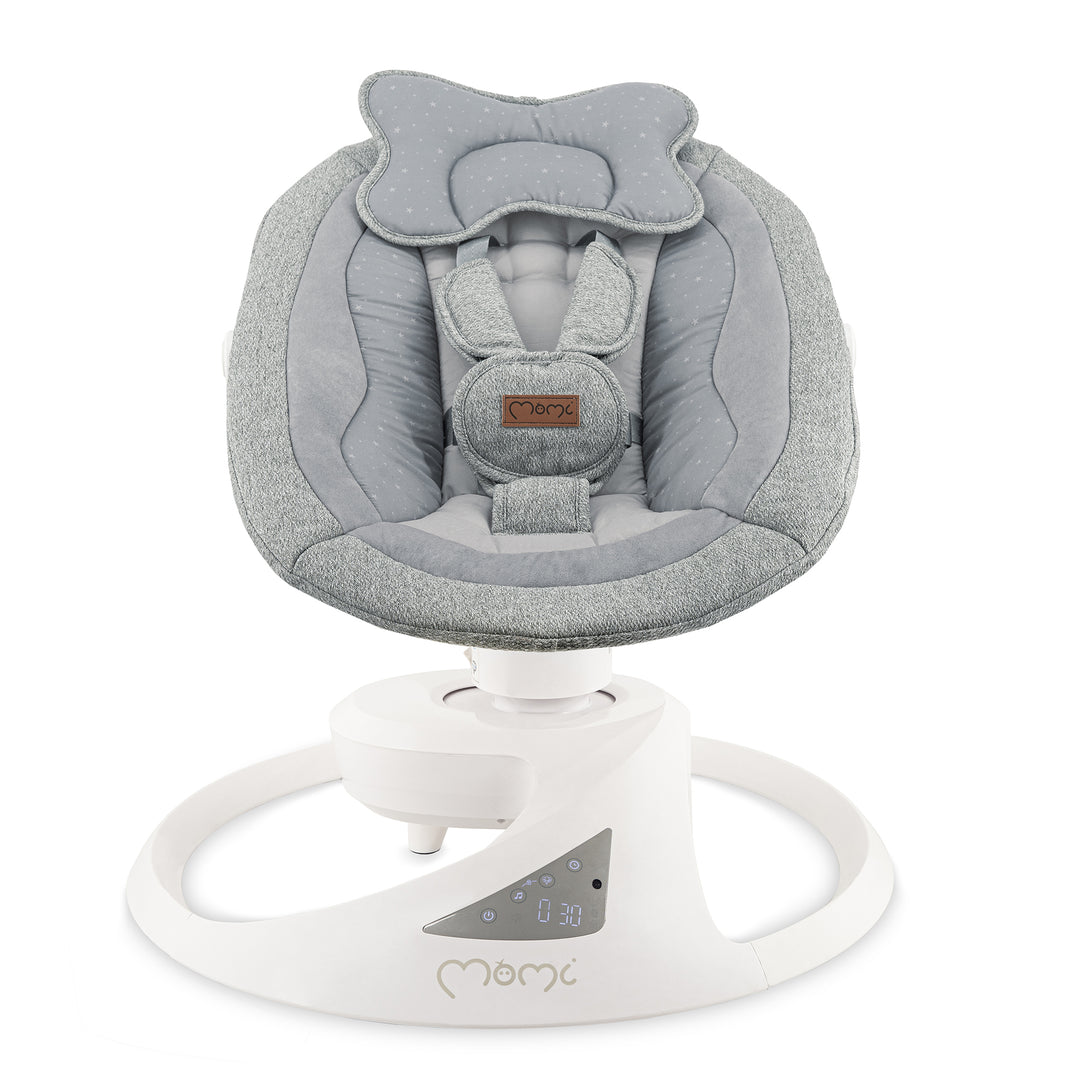 Gray baby swing with white base on a white background