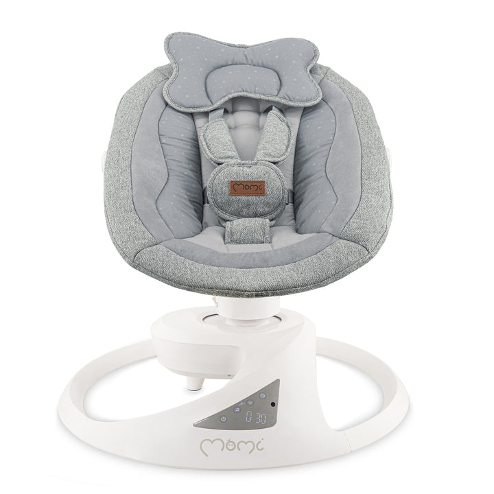 Gray baby swing with white base on a white background
