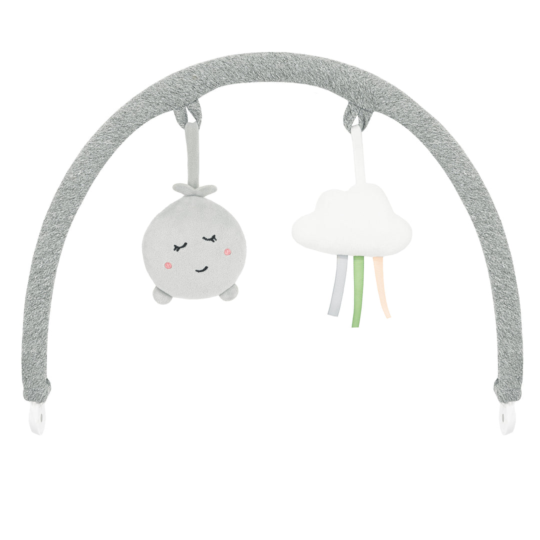 Baby mobile with cloud and smiley face design on a white background