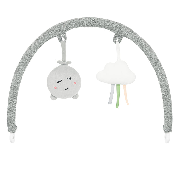 Baby mobile with cloud and smiley face design on a white background