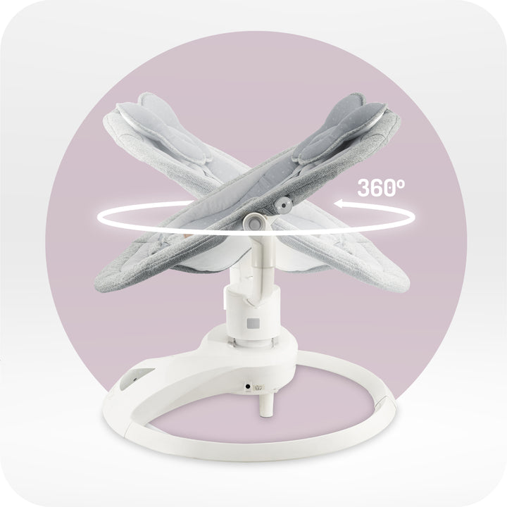 White baby bouncer with gray cushion on a light purple background