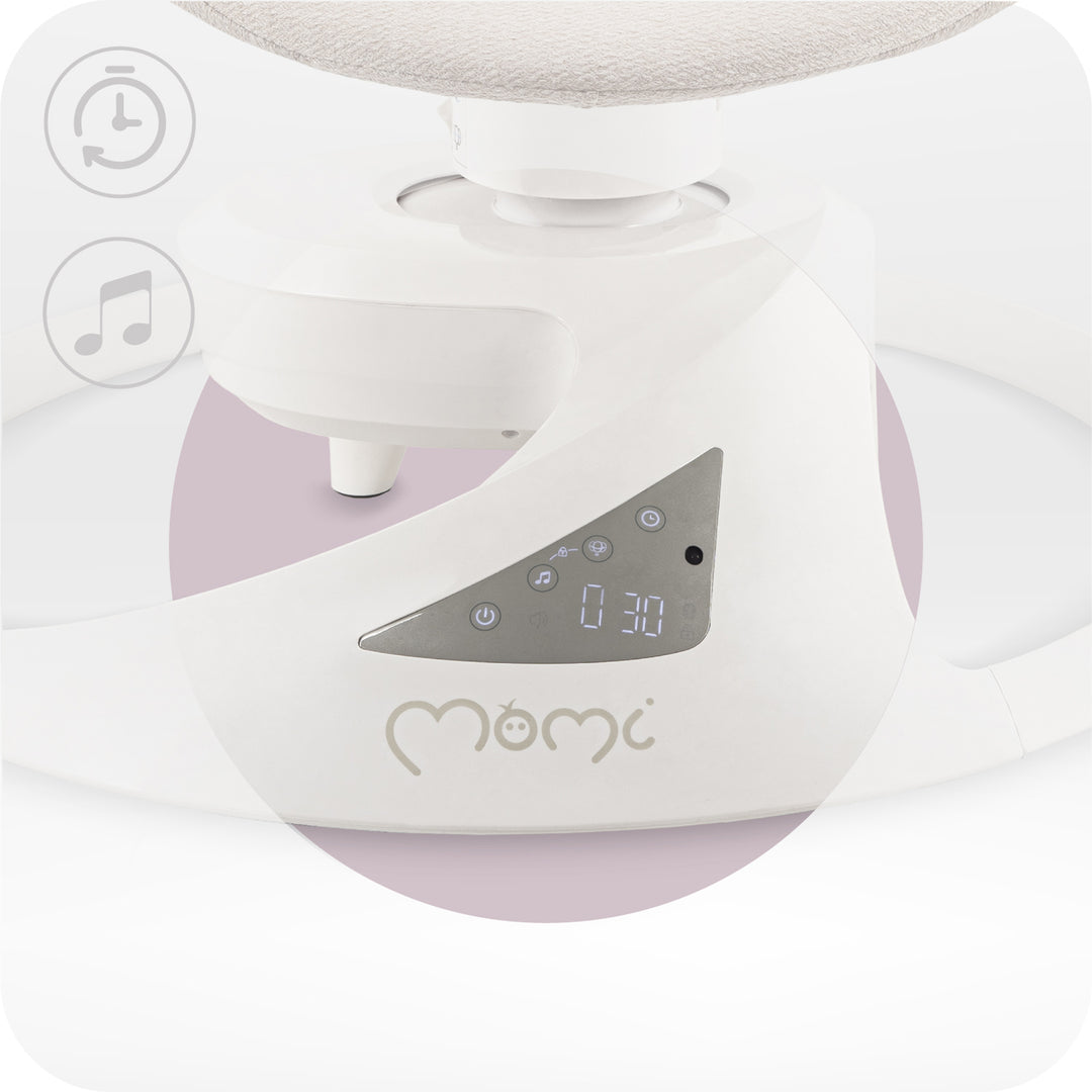 White and purple electronic device with digital display and 'momo' branding on a white background