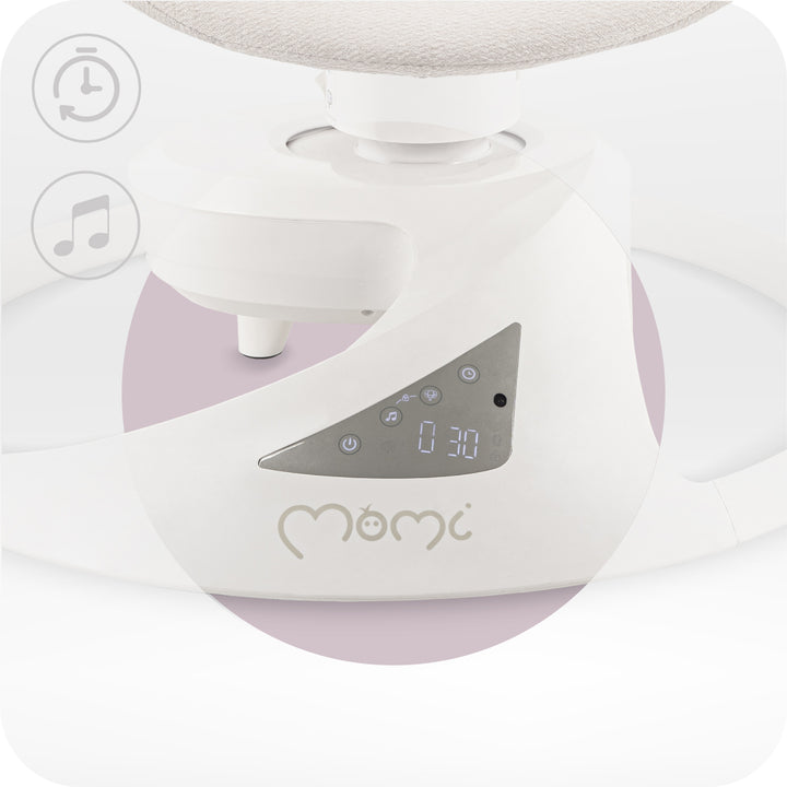 White and purple electronic device with digital display and 'momo' branding on a white background