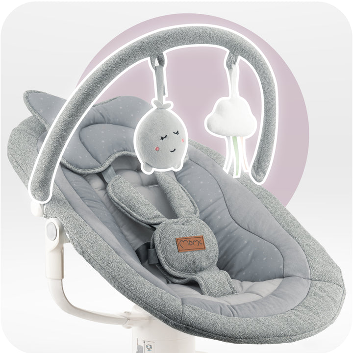 Gray baby swing with hanging toys on a white background
