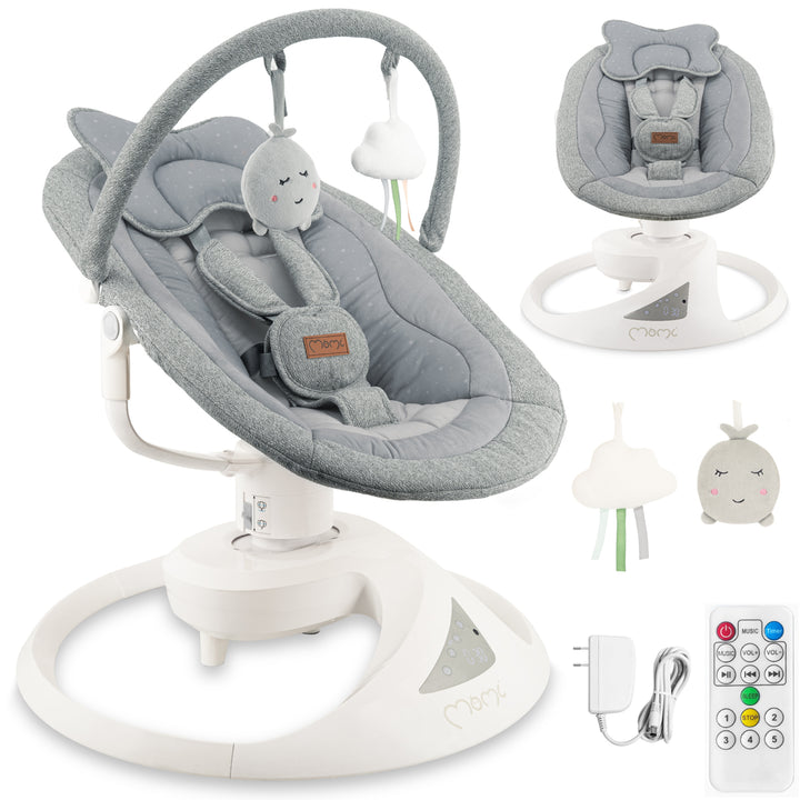 Baby swing with remote control and accessories on a white background