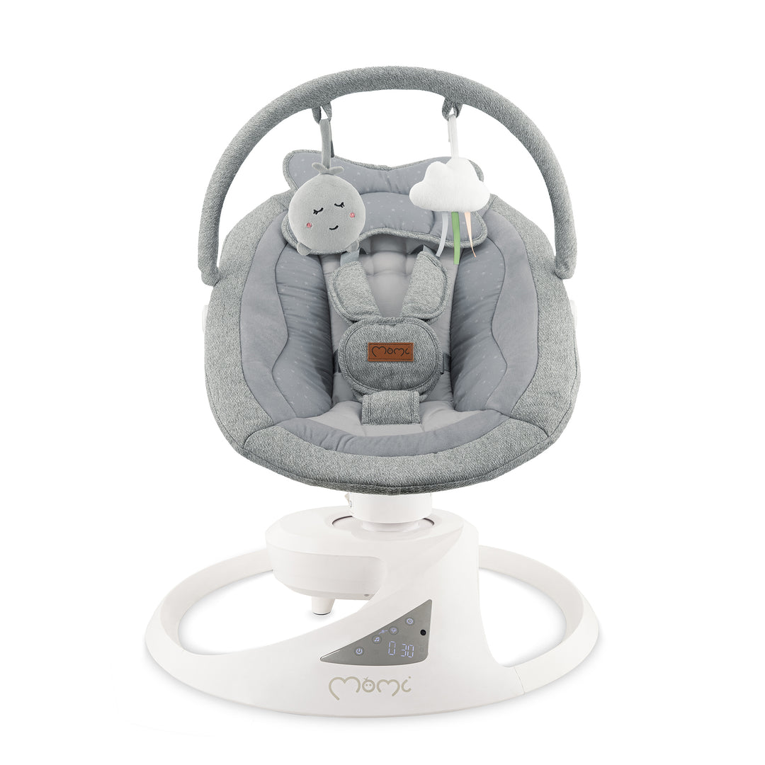 Gray baby swing with plush toy and cloud decoration on a white background