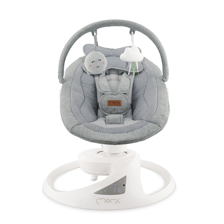 Gray baby swing with plush toy and cloud decoration on a white background
