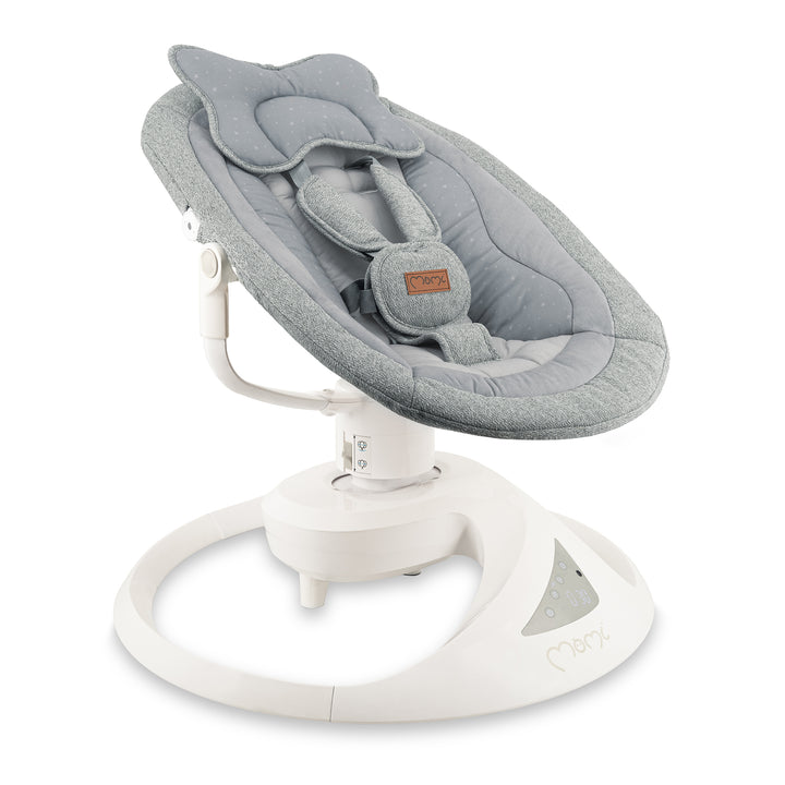 Gray baby swing with white base on a white background