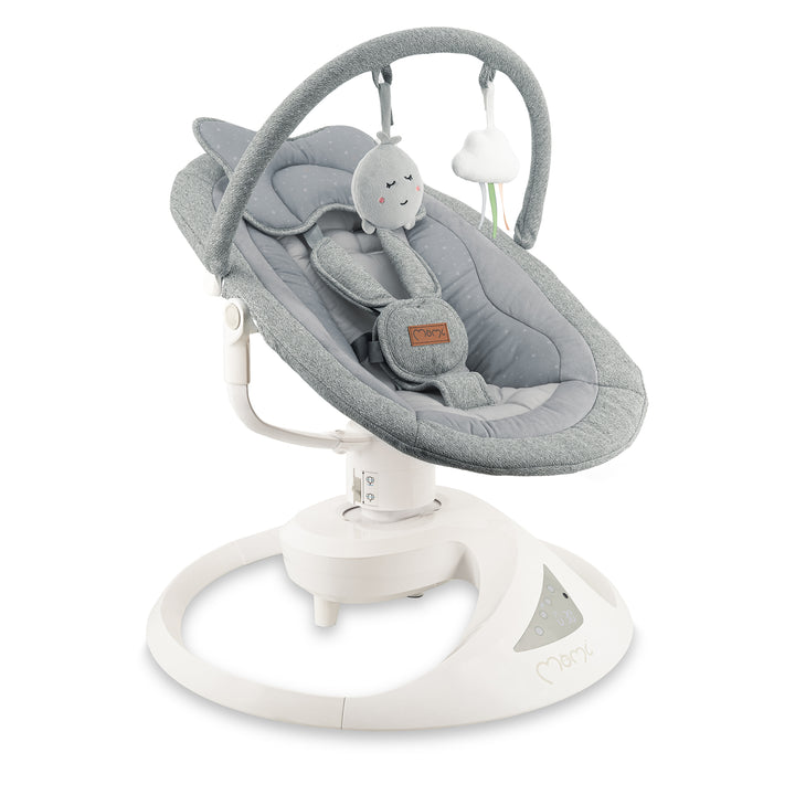 Gray baby bouncer with toy on a white background
