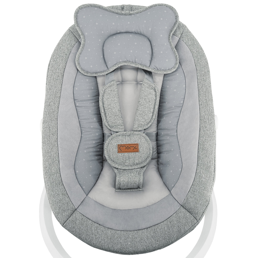 Gray baby swing with a brand logo on a white background