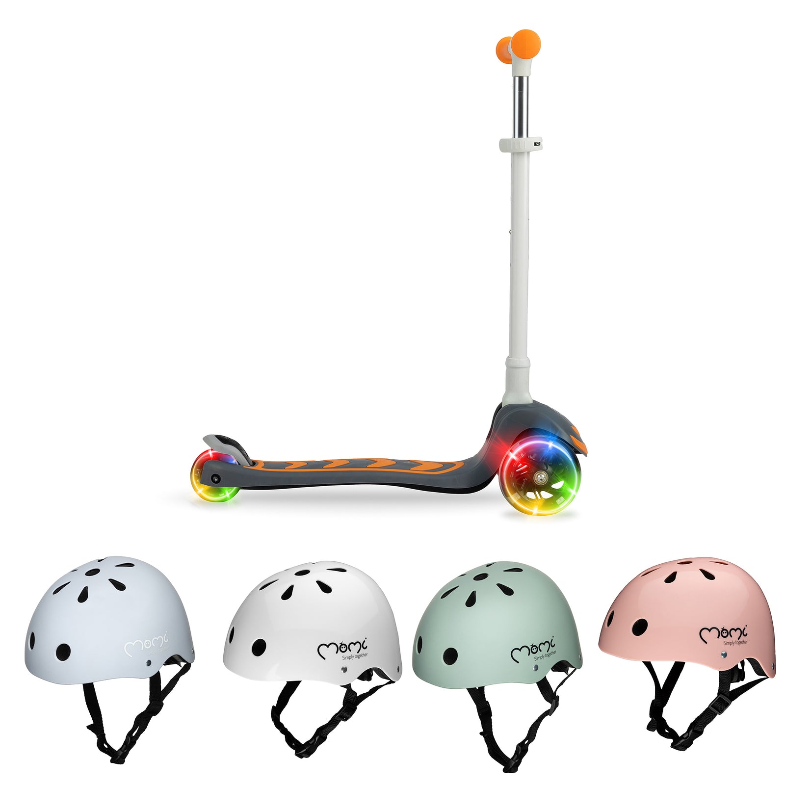 A Momi Vivio scooter with LED lights on the wheels and four helmets in different colors displayed separately.