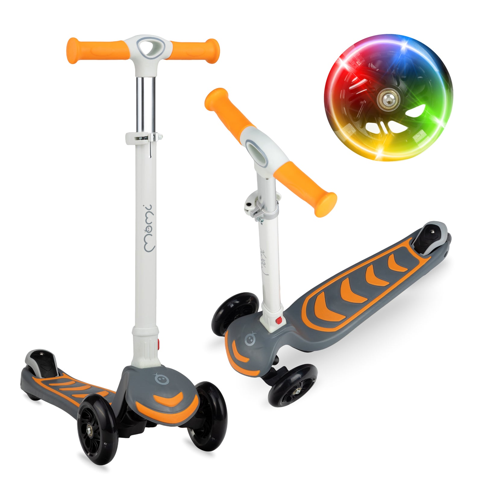 Children's balance scooter with LED lights on the wheels, featuring a black platform with orange and multicolor accents, and adjustable handlebars.