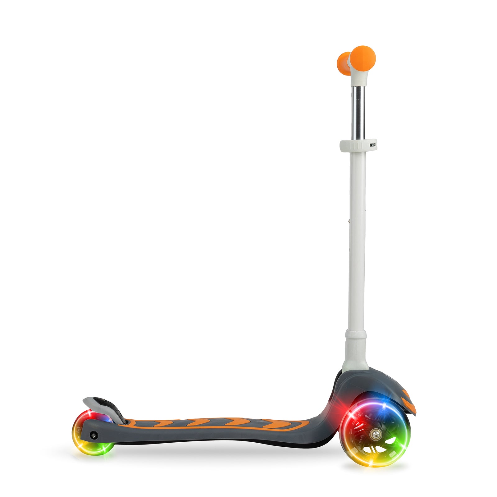 Children's balance scooter with LED lights on the wheels, featuring a black platform with orange and multicolor accents, and adjustable handlebars.