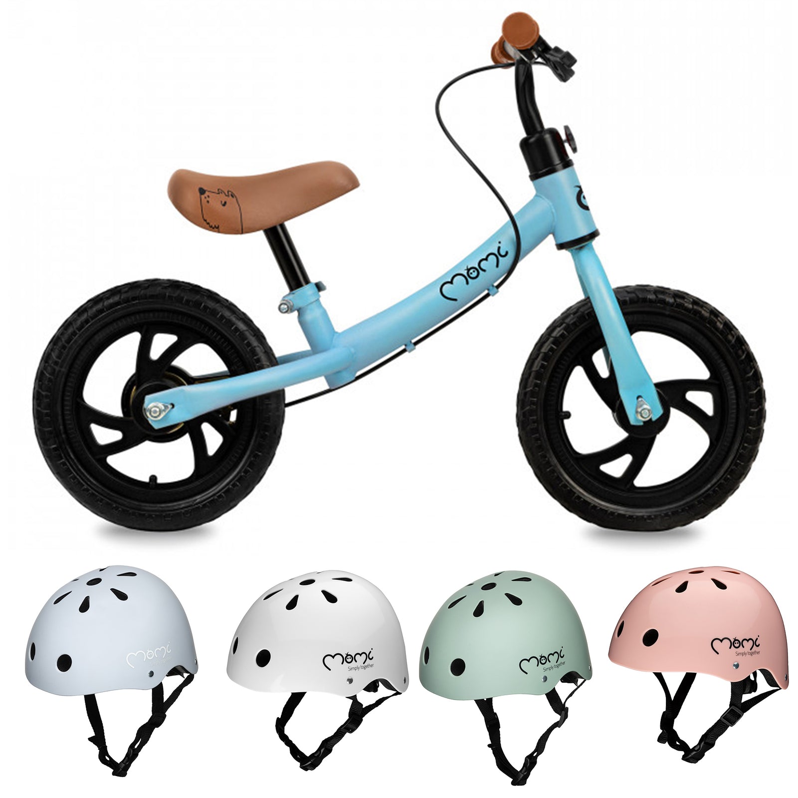 A balance bike with a blue frame and black wheels, alongside four different colored helmets in white, blue, green, and pink, respectively.
