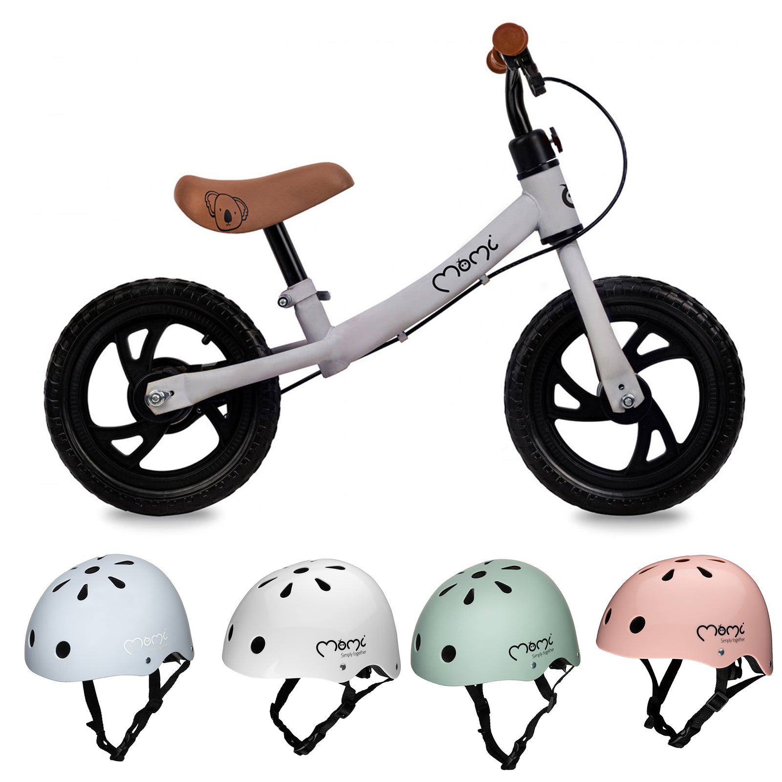 A balance bike with a blue frame and black wheels, alongside four different colored helmets in white, blue, green, and pink, respectively.