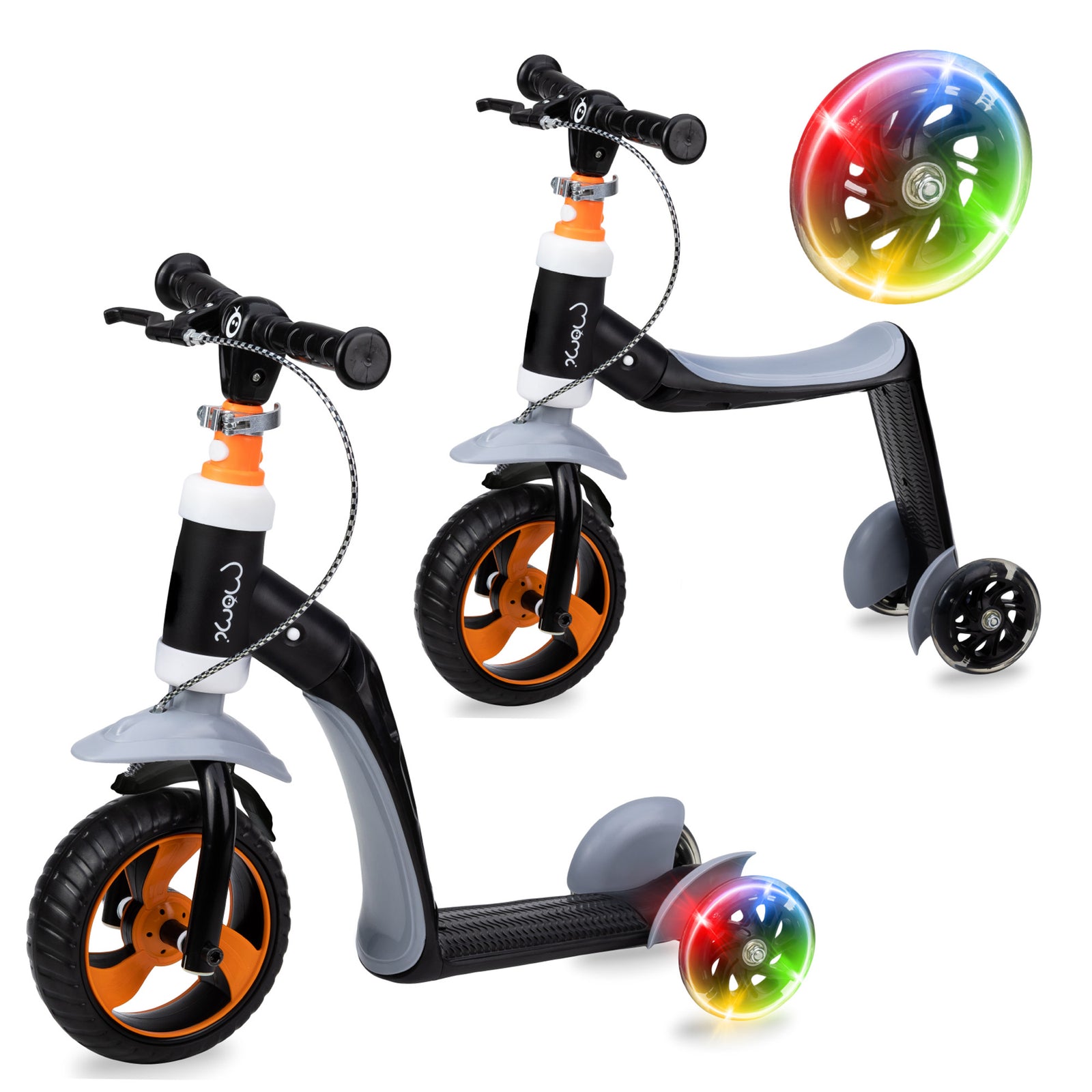 A Momi Elios Scooter Bike designed for toddlers, featuring a black and gray frame with orange wheels, and a multicolored light-up feature on the wheel.