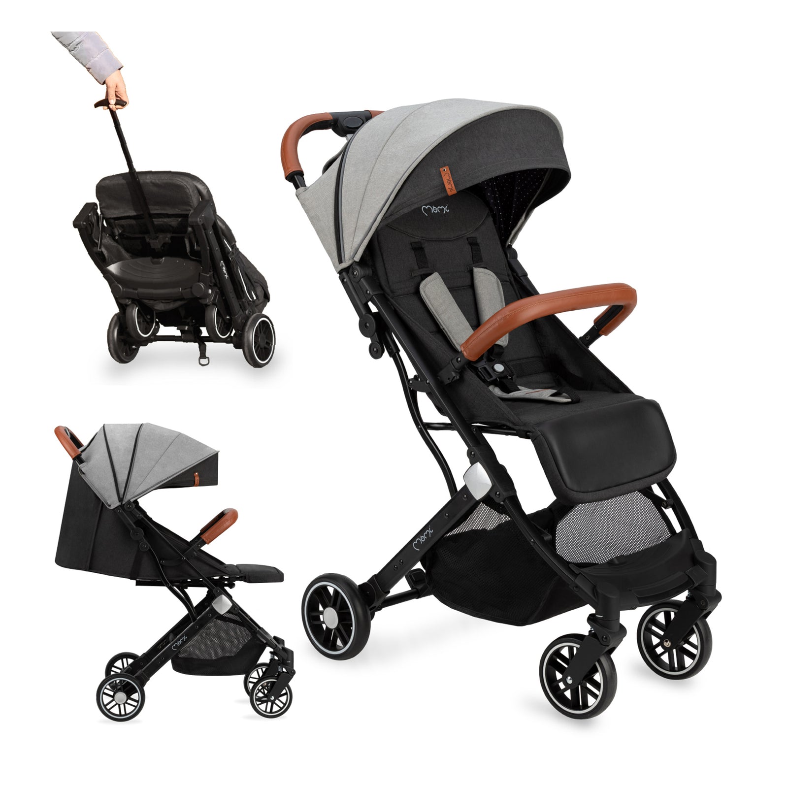 Black and gray stroller with brown accents on a white background