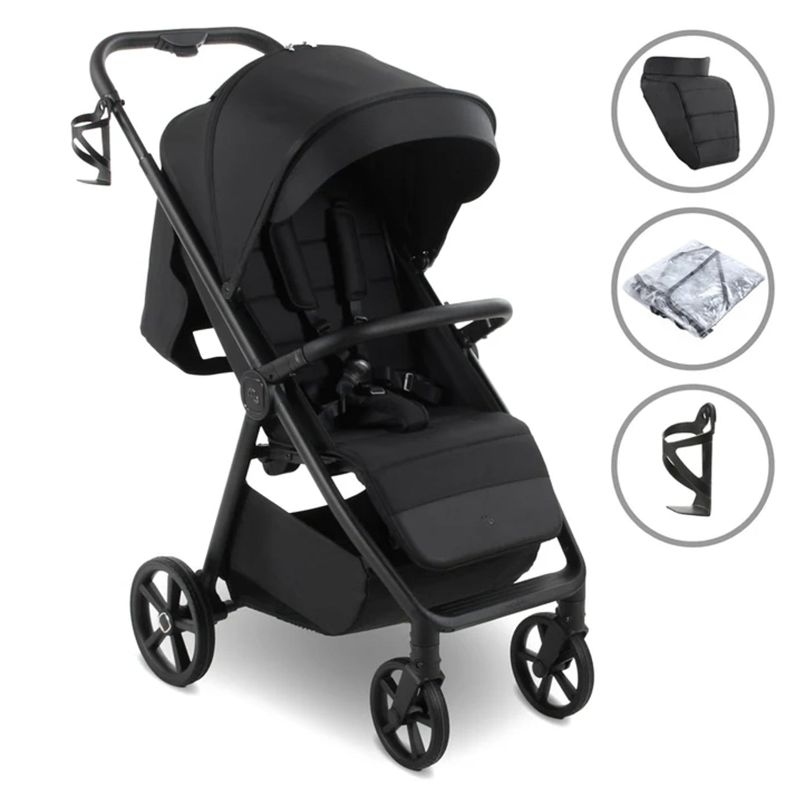 Black stroller with accessories on a white background